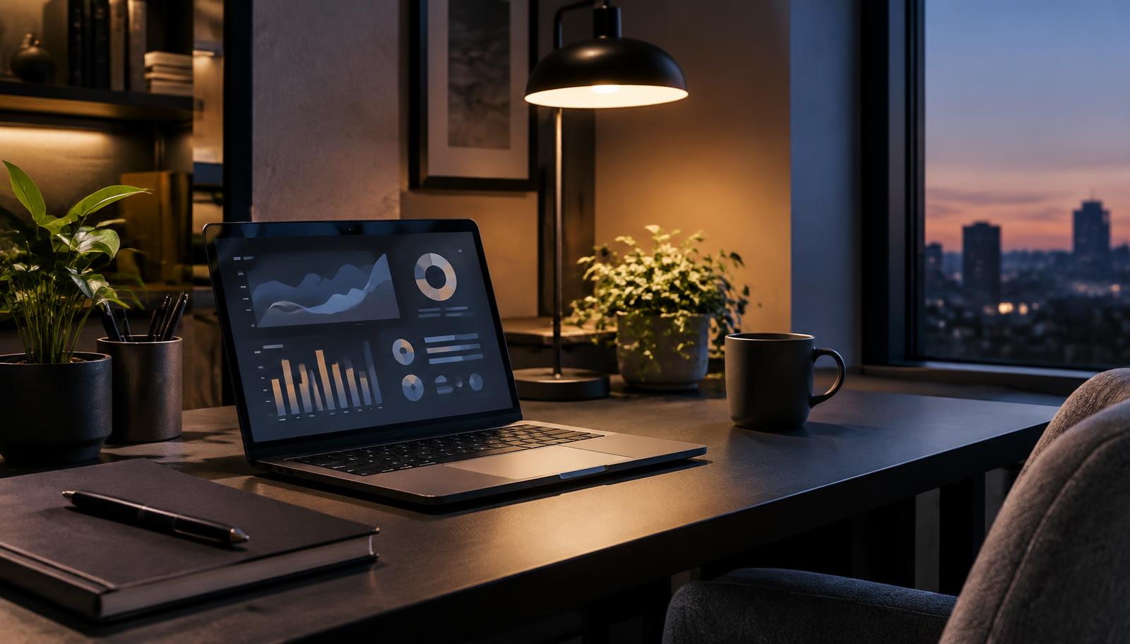 Desk with a laptop showing a results dashboard at dusk